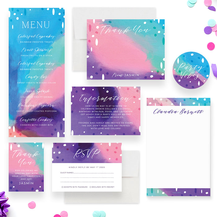 Colorful Birthday Invitation Abstract Paint Girls Party Invite