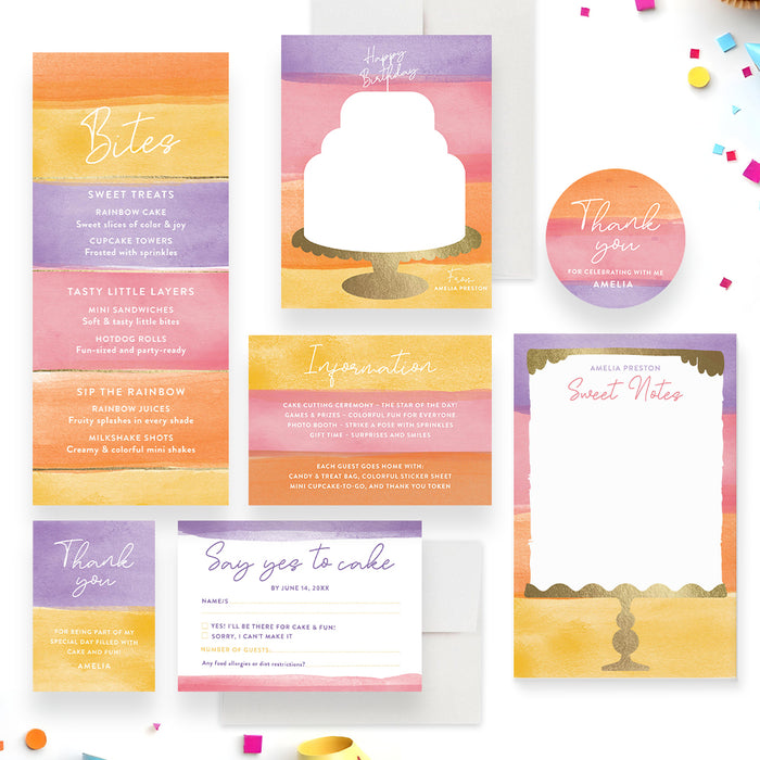 Watercolor Cake Kids Birthday Party Invitation Sweet Dessert Design