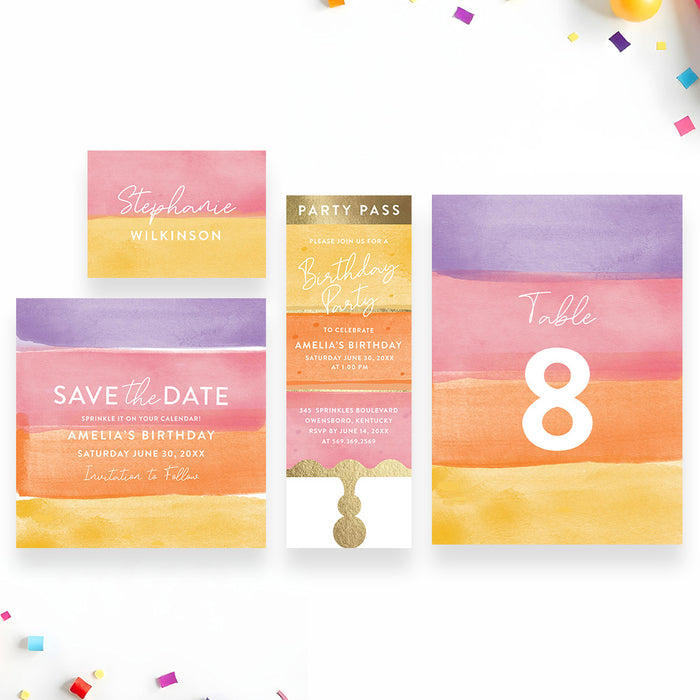 Watercolor Cake Kids Birthday Party Invitation Sweet Dessert Design