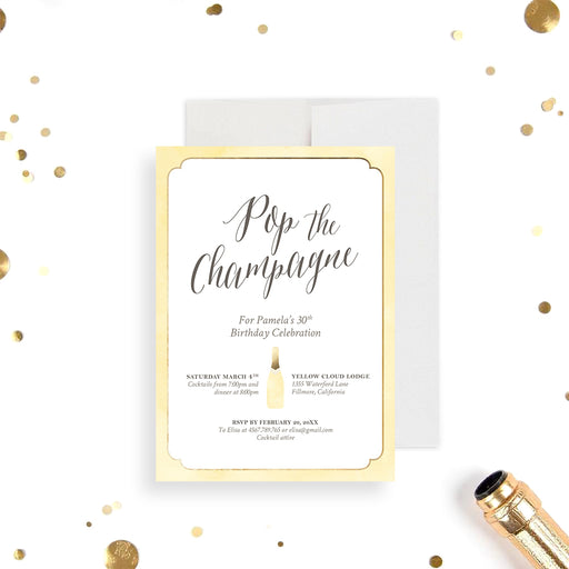 Birthday invitation featuring a champagne bottle illustration and the phrase "Pop the Champagne," suitable for milestone birthdays such as 30th, 40th, and 50th.-front