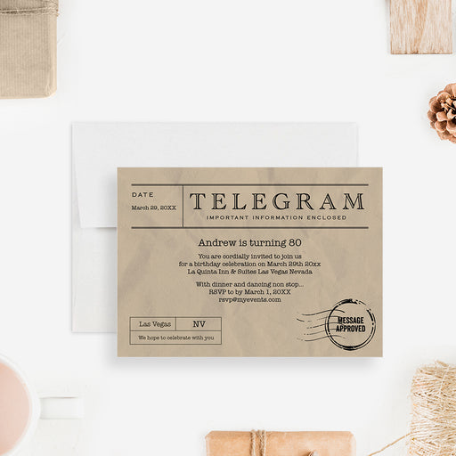 Vintage birthday invitation featuring a telegram-style design, personalized for milestone ages of 40th, 50th, 60th, 70th, 80th, and 90th.-front