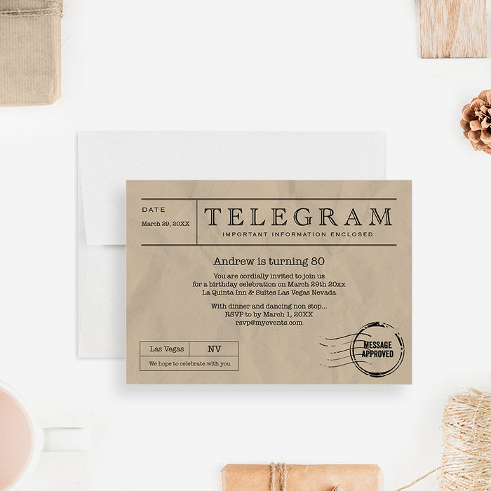Vintage birthday invitation featuring a telegram-style design, personalized for milestone ages of 40th, 50th, 60th, 70th, 80th, and 90th.-front