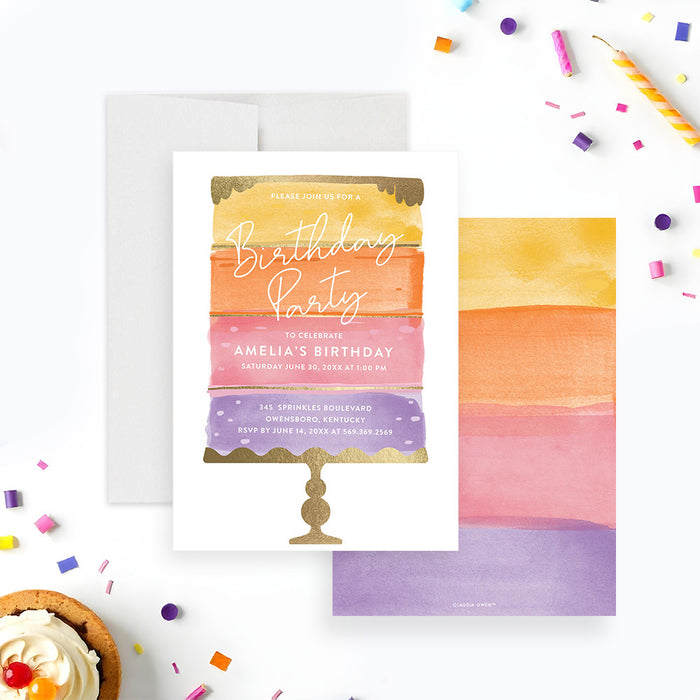 Colorful cake-themed birthday invitation featuring a watercolor cake illustration and gold accents-front-back