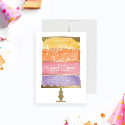 Colorful cake-themed birthday invitation featuring a watercolor cake illustration and gold accents-front