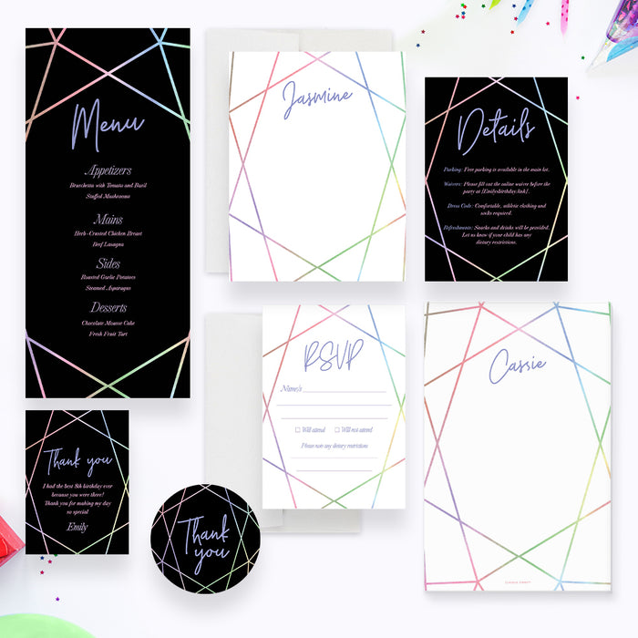 Kids Birthday Party Invitation Card with Colorful Jewel Lines, Invites for 8th 9th 10th 11th 12th Birthday Bash for Children