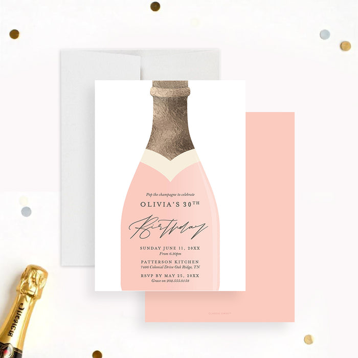 Elegant blush pink and gold champagne bottle birthday invitation with customizable text, perfect for milestone birthdays and bubbly-themed parties.-front-back