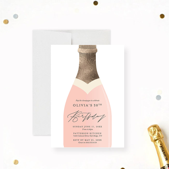 Elegant blush pink and gold champagne bottle birthday invitation with customizable text, perfect for milestone birthdays and bubbly-themed parties.-front