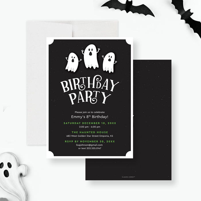 Spooky birthday invitation with three adorable ghosts on a black background, ideal for Halloween parties.-front-back