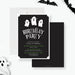 Spooky birthday invitation with three adorable ghosts on a black background, ideal for Halloween parties.-front-back