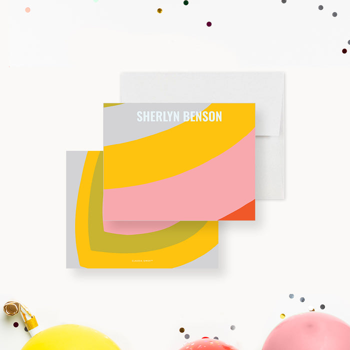 Personalized kids thank you card featuring a modern abstract rainbow design with vibrant arches and custom name-front-back
