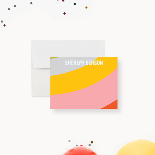 Personalized kids thank you card featuring a modern abstract rainbow design with vibrant arches and custom name-front