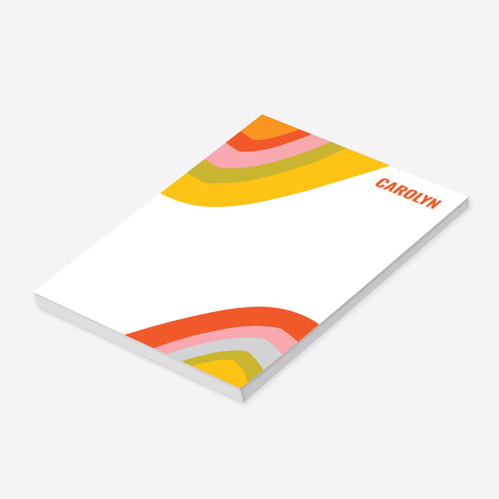 Personalized kids’ notepad featuring a vibrant modern abstract retro rainbow design with colorful arches-side