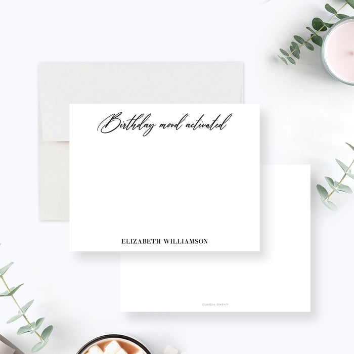Personalized birthday note card with modern script reading “Birthday mood activated,”-front-back