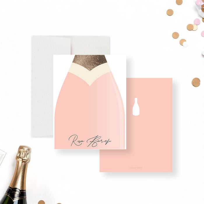 Personalized champagne bottle note card with blush pink and gold design, perfect for thank you notes, birthdays, and bridal showers.-front-back
