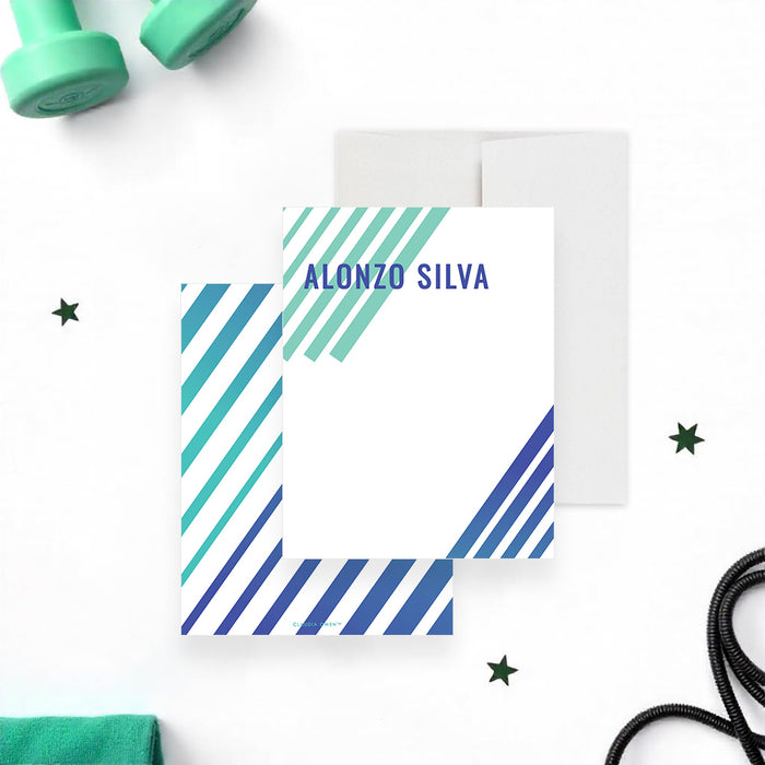 Modern striped personalized fitness party thank you card with teal and blue diagonal lines, displayed with gym accessories.-front-back