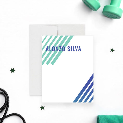 Modern striped personalized fitness party thank you card with teal and blue diagonal lines, displayed with gym accessories.-front