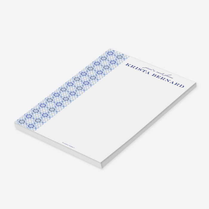 Custom blue tile patterned notepad with personalized name, Mediterranean-inspired stationery gift for home or office use.-side