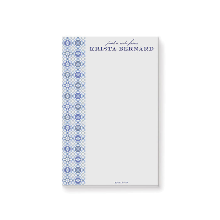 Custom blue tile patterned notepad with personalized name, Mediterranean-inspired stationery gift for home or office use.