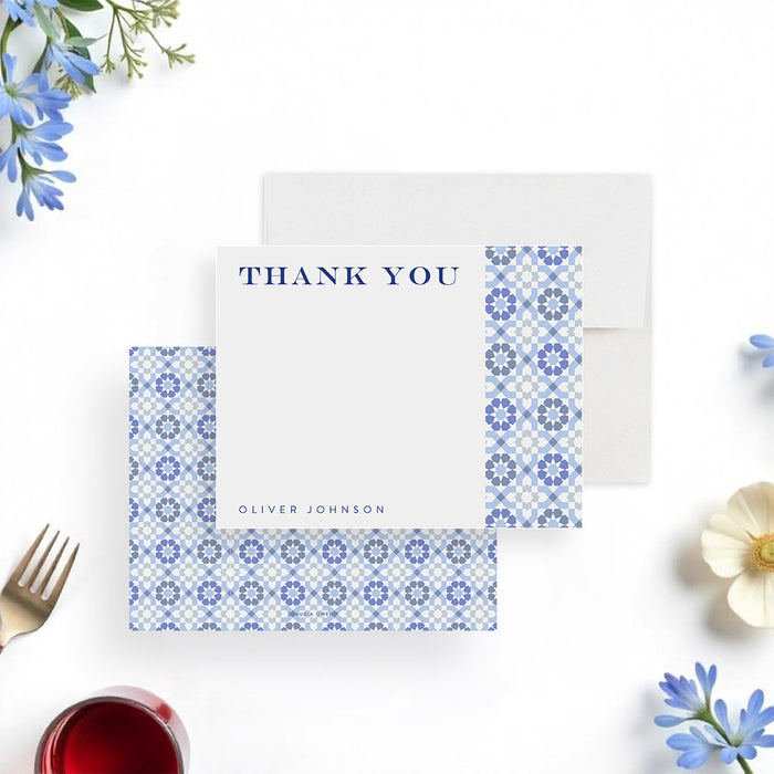 Personalized blue tile Mediterranean thank you card with navy text, customizable with your name—ideal for weddings, parties, and special celebrations.-front-back