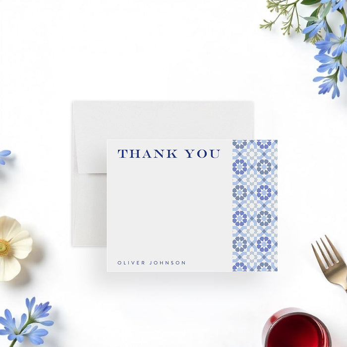 Personalized blue tile Mediterranean thank you card with navy text, customizable with your name—ideal for weddings, parties, and special celebrations.-front