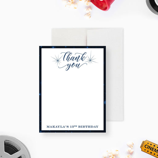 Movie night-themed thank you card for a 13th birthday, featuring gold stars and an "Thank You" message in elegant script.-front