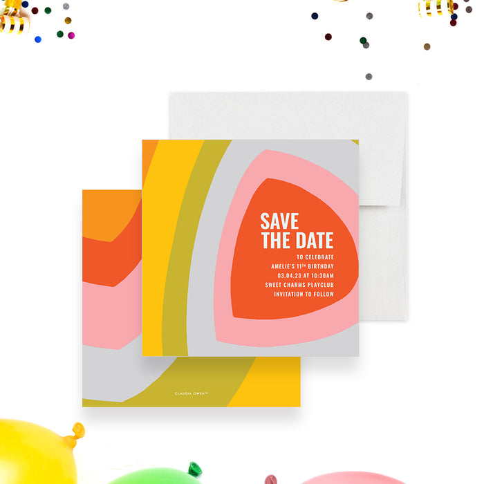 Colorful kids birthday save the date card featuring a modern retro design with bold rainbow arches in warm, playful tones-front-back