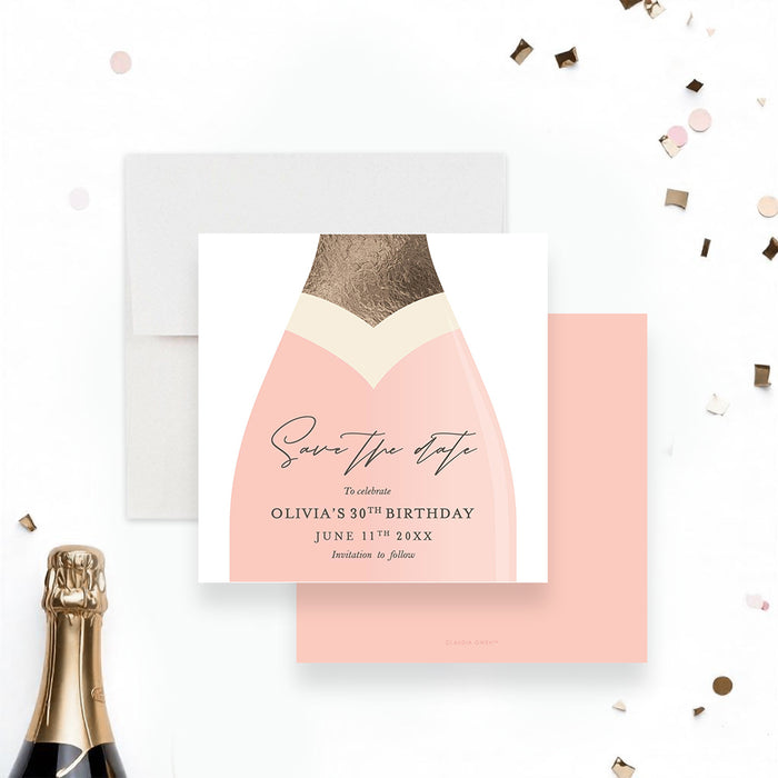 Blush pink champagne bottle save the date card custom printed for birthdays, bridal showers, bachelorette parties, or bubbly events.-front-back