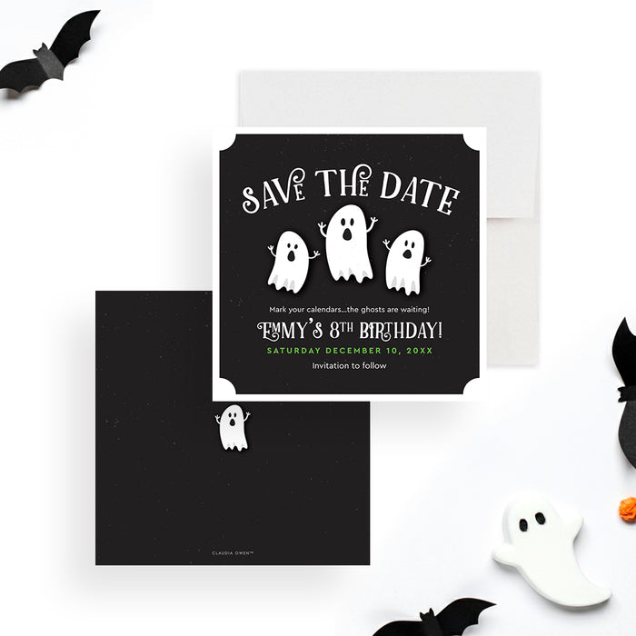 Birthday save the date card featuring three adorable ghost illustrations, ideal for spooky Halloween parties.-front-back