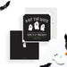 Birthday save the date card featuring three adorable ghost illustrations, ideal for spooky Halloween parties.-front-back