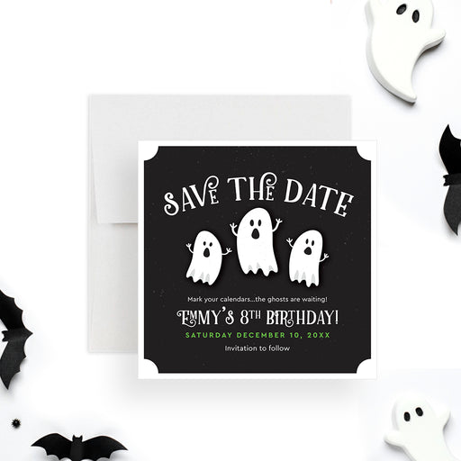 Birthday save the date card featuring three adorable ghost illustrations, ideal for spooky Halloween parties.-front