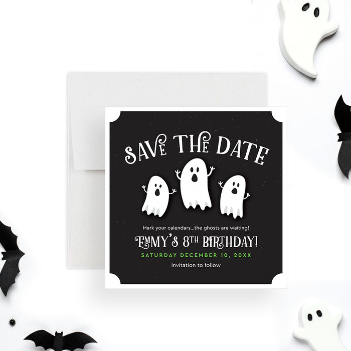 Birthday save the date card featuring three adorable ghost illustrations, ideal for spooky Halloween parties.-front