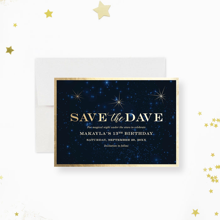 Save the date movie night invitation card with navy blue starry sky background and gold text-front
