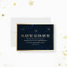 Save the date movie night invitation card with navy blue starry sky background and gold text-front