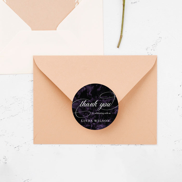 Round sticker with dark purple marble background, designed to match birthday invitation set
