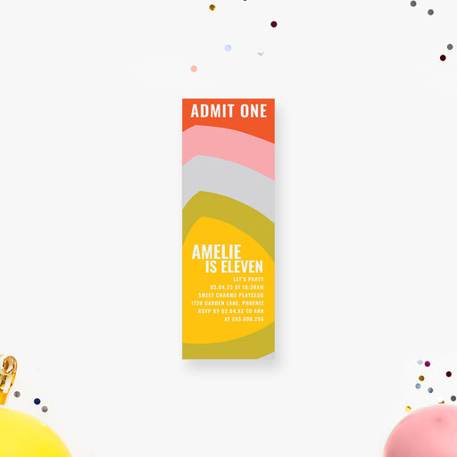 Vibrant ticket-style birthday invitation featuring a modern abstract retro rainbow arch design for a fun kids’ birthday party.