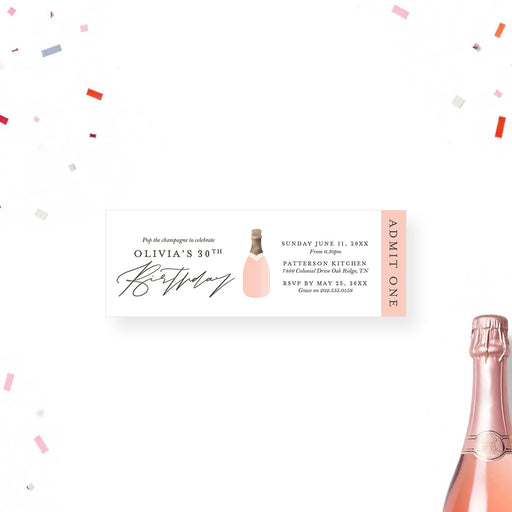 Custom ticket invitation featuring a champagne bottle illustration, personalized with event details for birthdays, parties, and celebrations.