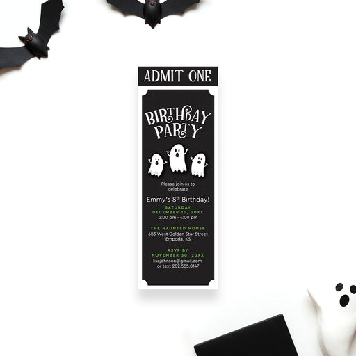Birthday ticket invitation with three white ghost illustrations, printed pass for a spooky celebration.