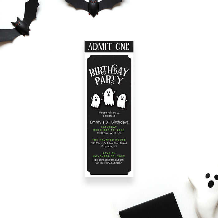 Birthday ticket invitation with three white ghost illustrations, printed pass for a spooky celebration.