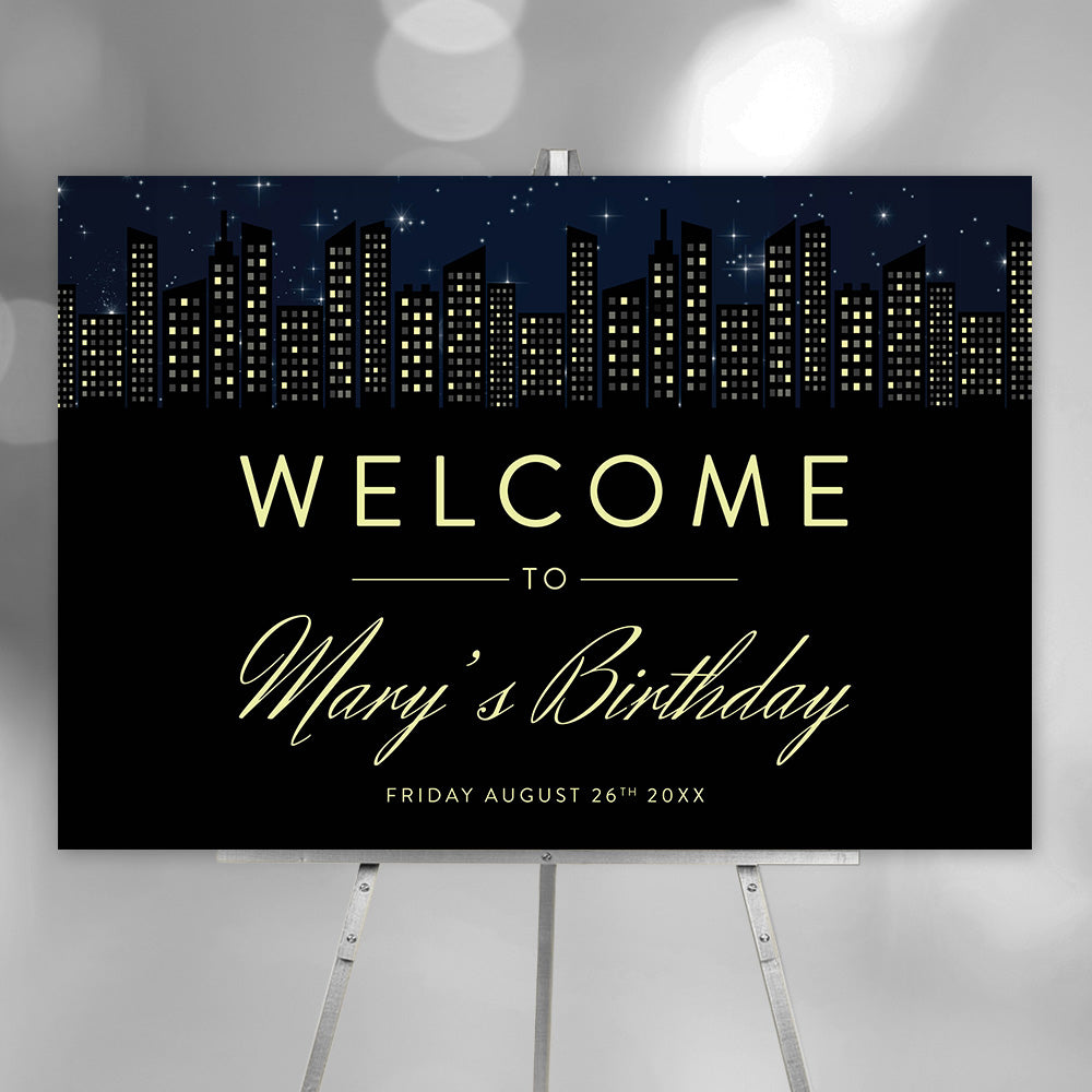 Birthday Party Welcome Sign with City Night Skyline