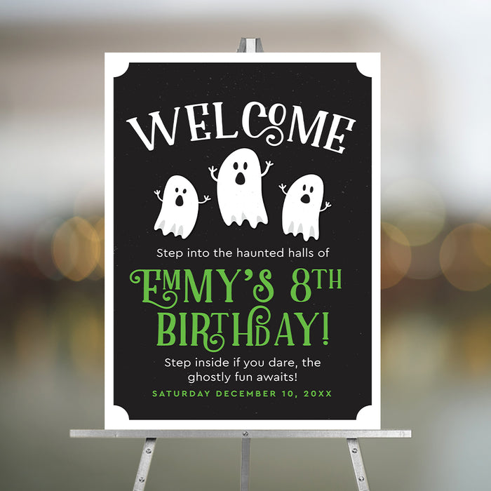 Ghost-themed birthday welcome sign with three adorable white ghosts — ideal Halloween party décor poster.