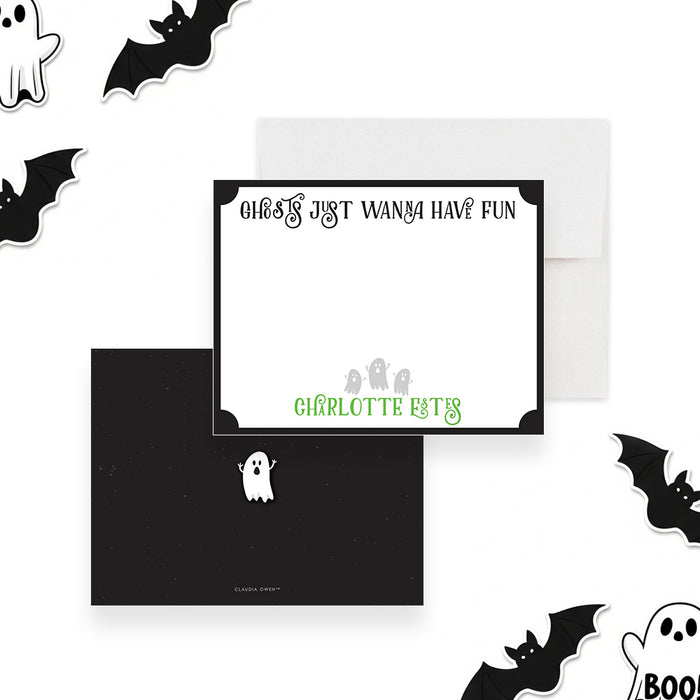 Personalized note card featuring “Ghosts Just Wanna Have Fun” with three cute ghost illustrations — a perfect spooky Halloween thank you gift.-front-back