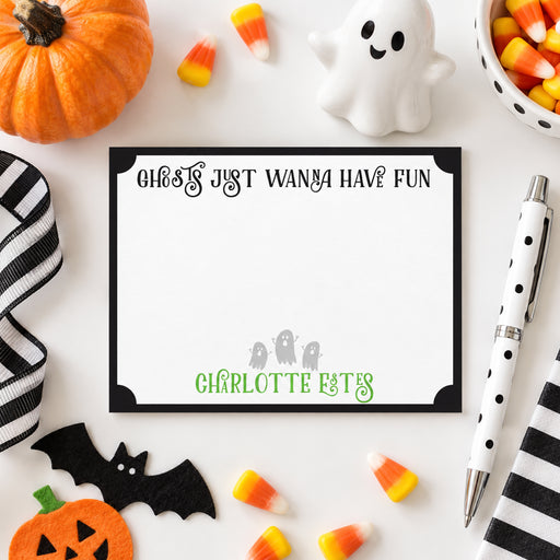 Personalized note card featuring “Ghosts Just Wanna Have Fun” with three cute ghost illustrations — a perfect spooky Halloween thank you gift-front