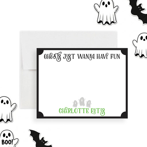 Personalized note card featuring “Ghosts Just Wanna Have Fun” with three cute ghost illustrations — a perfect spooky Halloween thank you gift.-front