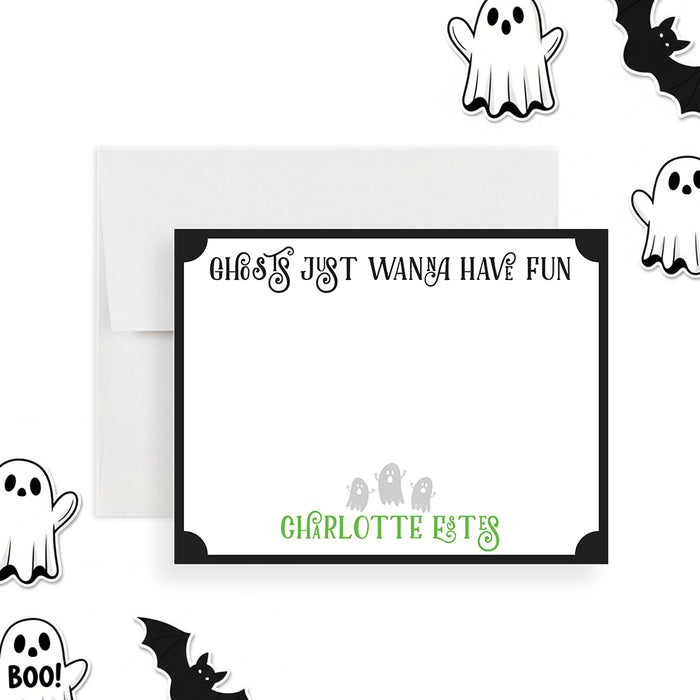 Personalized note card featuring “Ghosts Just Wanna Have Fun” with three cute ghost illustrations — a perfect spooky Halloween thank you gift.-front