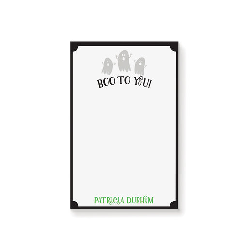 Personalized notepad featuring three friendly ghosts with “Boo to You!” — adorable Halloween stationery