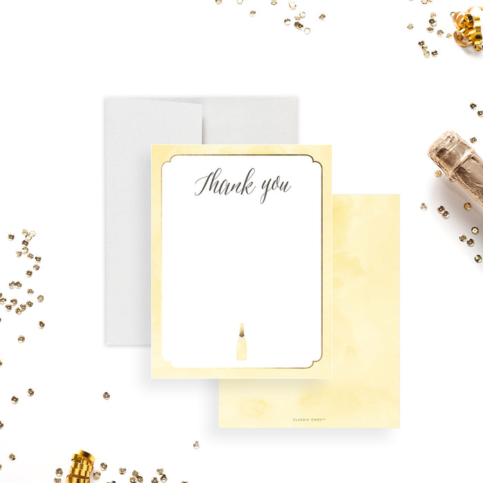 Elegant thank you card with a champagne bottle illustration, perfect for milestone celebration gifts.-front-back