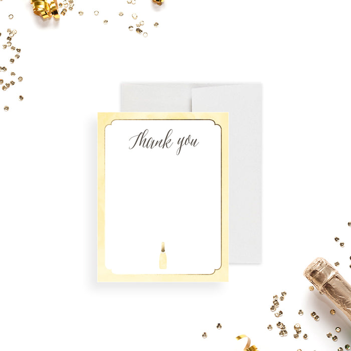 Elegant thank you card with a champagne bottle illustration, perfect for milestone celebration gifts.-front