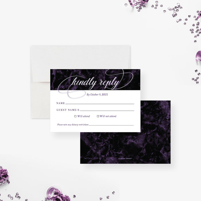 RSVP card with coordinating dark purple marble design to match birthday invitation suite