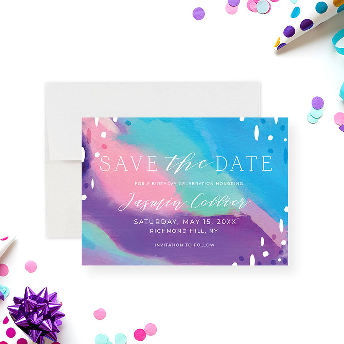 Colorful abstract paint save the date birthday card with vibrant artistic design, modern party invitation with bold colors-front