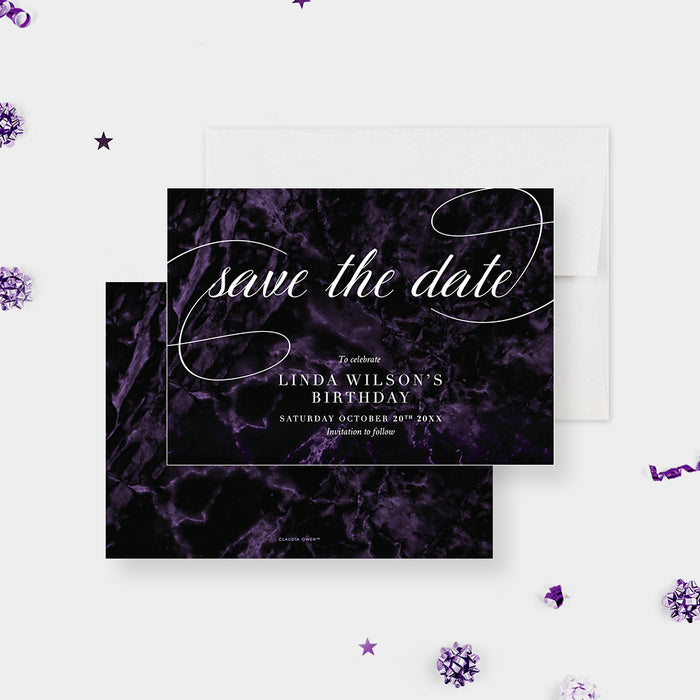Save the date card featuring dark purple marble background and elegant lettering for a birthday celebration